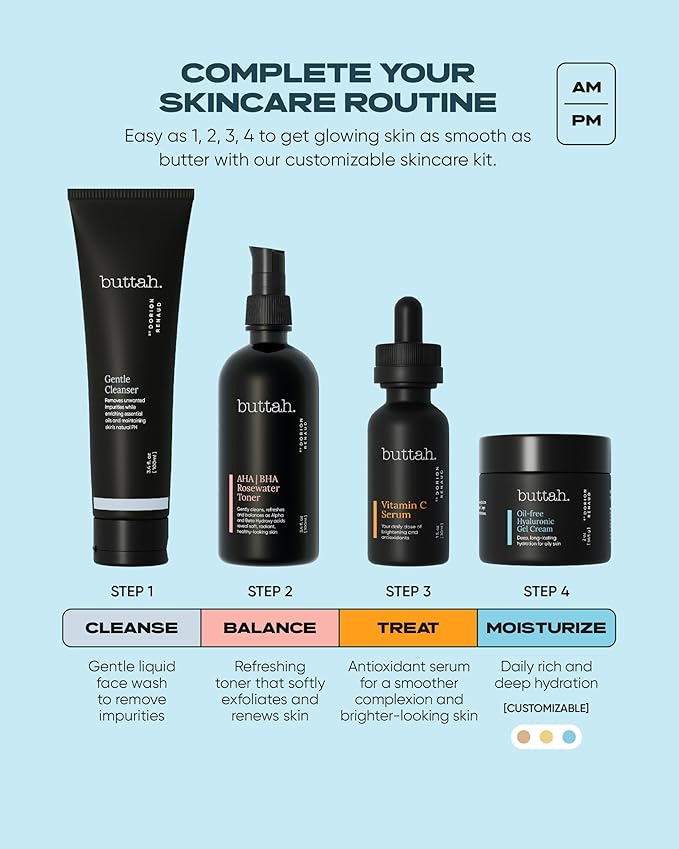 Buttah Skin Supreme Kit for Melanin Rich Skin | Oil-Free Hyaluronic Gel Cream 2 oz | Vitamin C Serum 1 oz | Cleanser 3.4 oz | Rosewater Toner 3.4 oz | Black Owned Skincare-BrightBean Baby