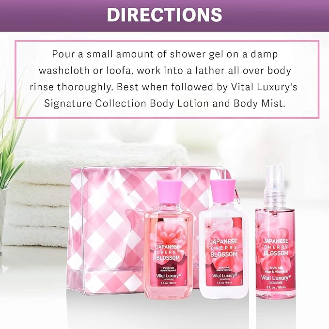 Bath & Body Kit Japanese Cherry Blossom, 3 Fl Oz, Ideal Skincare Gift, Home Spa Set, Includes Body Lotion, Shower Gel and Fragrance Mist, Perfect for Christmas Gifts and Festive Pampering-BrightBean Baby