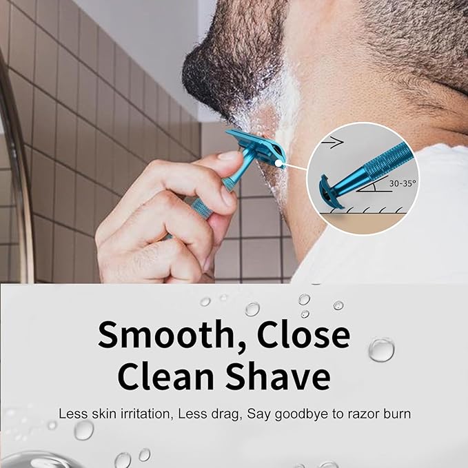 Double Edge Safety Razor, Single Blade Razors for Men and Women, with 10 Stainless Steel Safety Razor Blades, Smooth and Close Wet Shaving, Plastic Free, Blue-BrightBean Baby