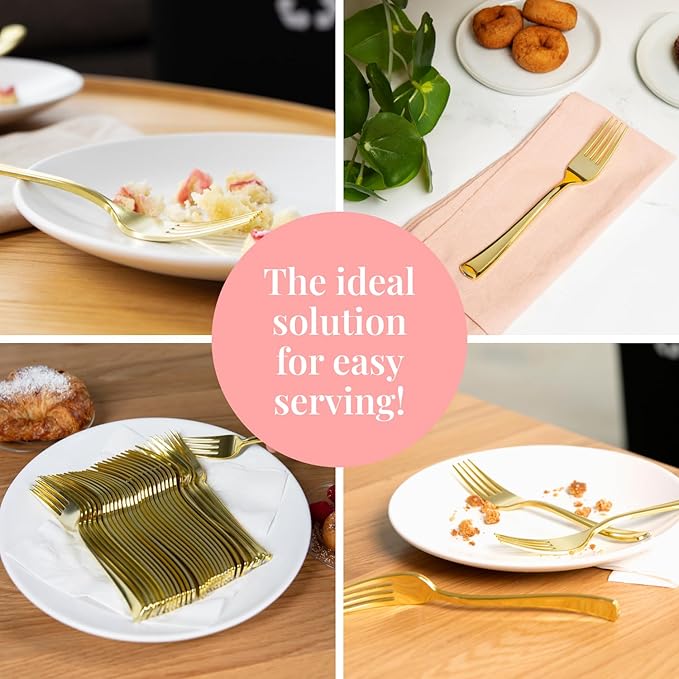 Prestee Set of 300 Gold Plastic Forks Disposable - 7-in Heavy-Duty Fork Flatware - Bulk Pack Fancy Silverware - Sturdy Elegant Cutlery for Weddings, Birthday Parties, Buffets, Catering, and Events