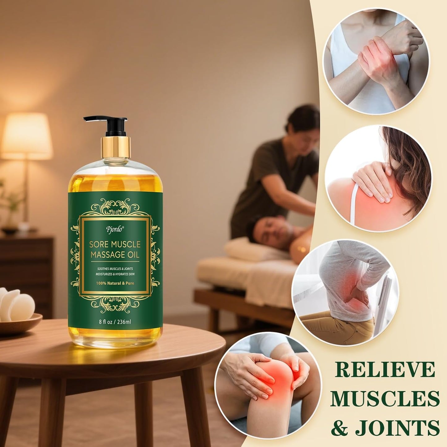 Sore Muscle Massage Oil for Massage Therapy, 8 FL OZ Natural Body Massage Oil with Lavender Oil, Arnica & Chamomile Extract, Soothes Muscle and Joint for Professional & Home Use-BrightBean Baby