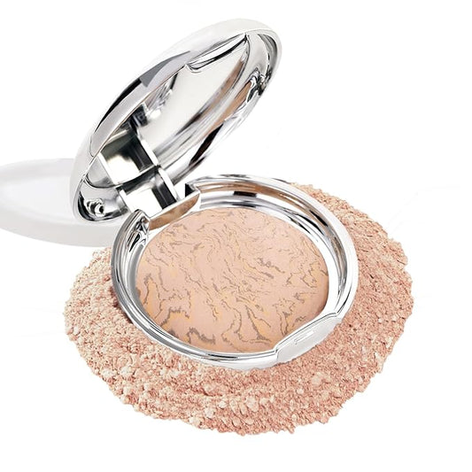 Marbleized Baked Foundation Makeup, Balance and Brighten Color Correcting Powder Foundation - Buildable Light to Medium Coverage - Demi-Matte Natural Finish (#003 MEDIUM, 0.32 Oz)-BrightBean Baby