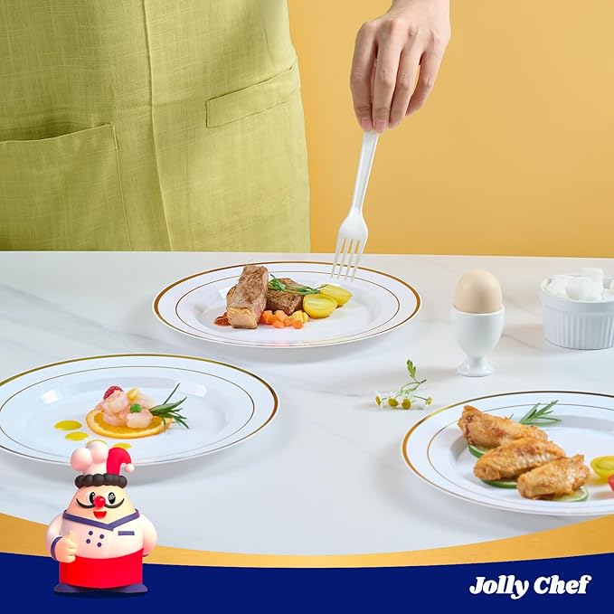 JOLLY CHEF 100 Pieces Gold Plastic Plates, 10 Inch Elegant Disposable Dinner White with Gold Rim, Disposable Plastic Plates for Dinner, Birthdays and Weddings
