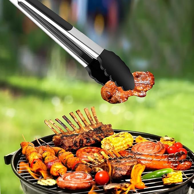 Red Stainless Steel Tongs Heat Resistant Kitchen Tongs Set - 7", 9" & 12" Inch, BBQ Tongs with Silicone Tip, Strong Grip for Cooking, Salad Tossing,Air Fryer, &Grill Tongs- Pull Lock, Red - Set of 3