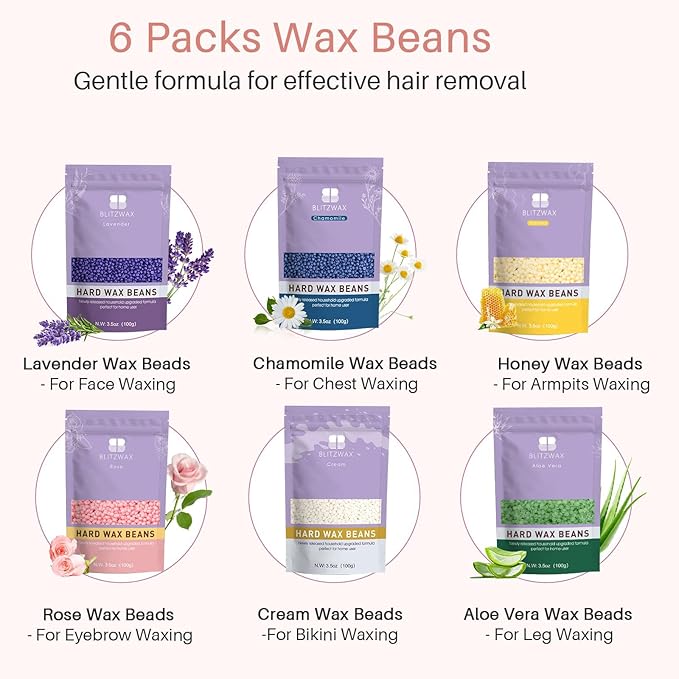 BLITZWAX Brazilian and Bikini Waxing Kit for Women, Hard Wax Warmer for Face, Legs, and Body, At Home Hair Removal Kit, Beginner Friendly, Quick Heating, 6 Packs Wax Beads-BrightBean Baby