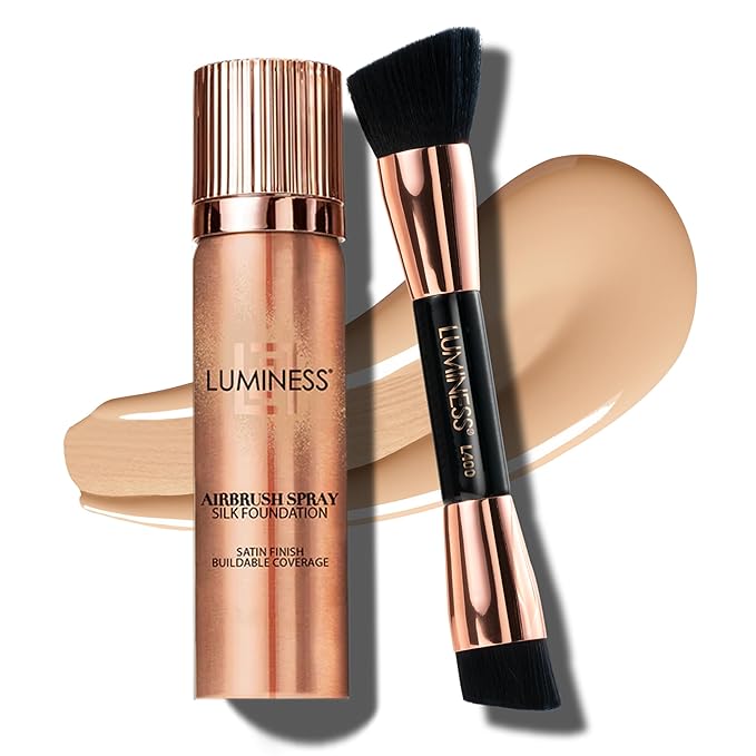 LUMINESS Silk Airbrush Spray Foundation & Buffing Brush Kit – Full Coverage Foundation & Dual-Sided Buffing Brush - Buildable Coverage, Anti-Aging Formula Hydrates & Moisturizes (Shade - Fair)-BrightBean Baby