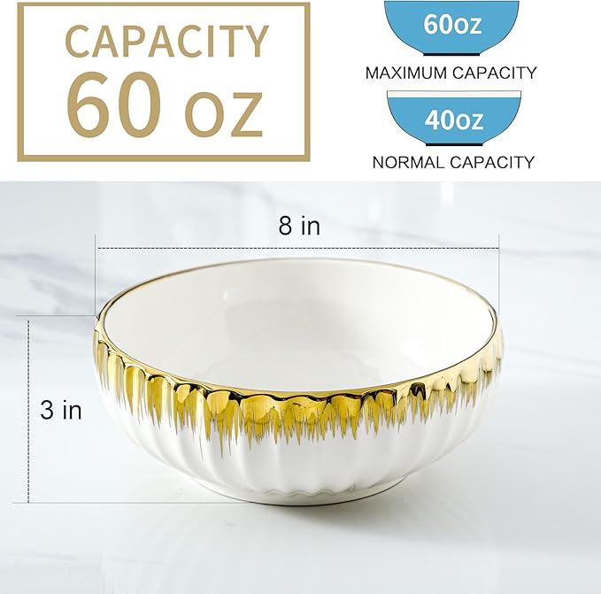 LETAOTAO Serving Bowls, 8 inch Large Salad Bowls, Ceramic Bowl Set of 2 White Bowl with Gold Trim, Kitchen Decorative Bowls Set for Kitchen, Salad, Soup, Pasta and Dinner(60 oz)