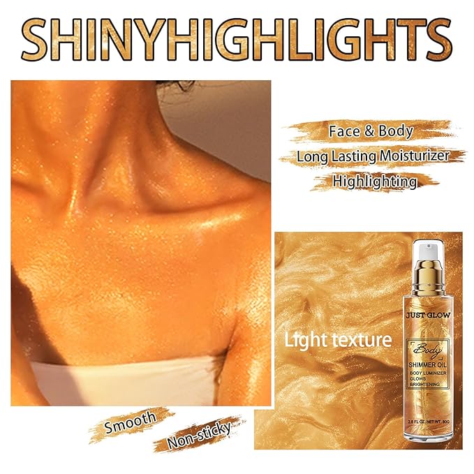 Shimmer Body Oil, Face and Body Liquid Luminizer Waterproof Moisturizing, Light Shimmer Glow Illuminator, Smooth Body Highlighter Makeup Liquid Body Shimmer (2# Gold)-BrightBean Baby