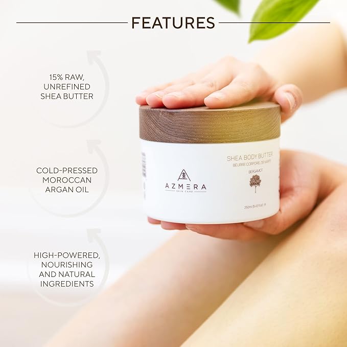 AZMERA Handcrafted Whipped Shea Body Butter – Luxurious Moisturizer for Dry, Sensitive Skin with Bergamot, Argan Oil & Vitamin E – Vegan, Non-Greasy Skincare – 8.82 oz-BrightBean Baby