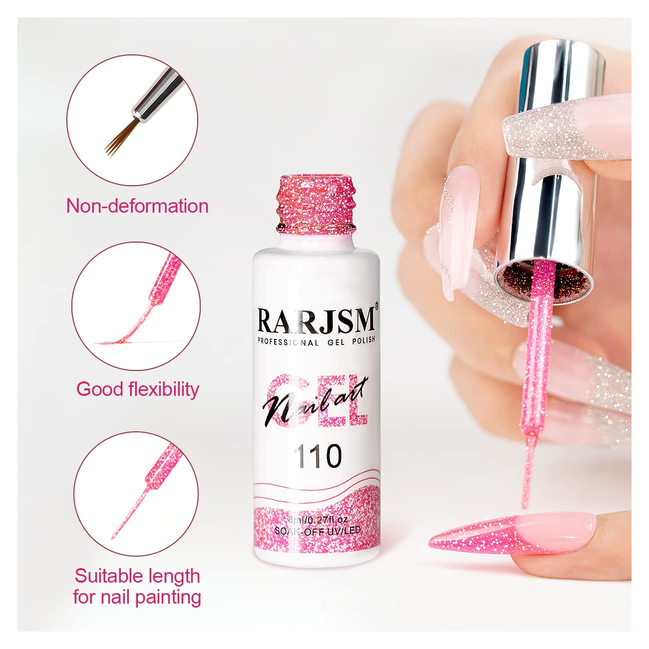 RARJSM Gel Liner Nail Art Reflective Glitter Gel Nail Polish Thin Brush Silver Neon Hot Pink Flash Diamond PaintedGel 2PCS Set Soak off Curing Requires 8ml for Home Salon Diy Nail Design Decoration-BrightBean Baby