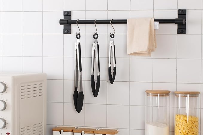 COOK WITH COLOR Stainless Steel Silicone Tipped Kitchen & BBQ Tongs Set, 3 Pc. Tongs, Black