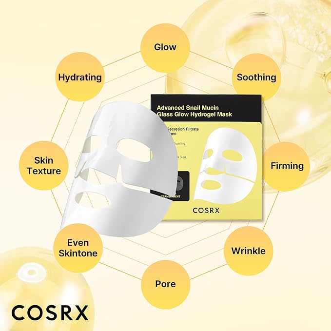 COSRX Advanced Snail Mucin Glass Glow Hydrogel Face Masks Skincare 3 EA, Collagen Face Mask, Travel Essentials, Overnight Face Mask, Korean Skin Care-BrightBean Baby
