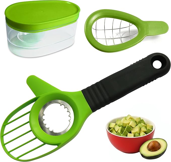 Avocado Slicer 3 Piece Set - Avocado Slicer Tool, Cutter, Knife, Peeler, Pitter, Cuber, Dicer & Avocado Keeper For Everything That You Will Ever Need For Your Avocados