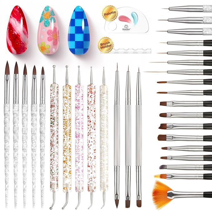 Beetles 31pcs Nail Art Brushes, Dotting Tools, Nail Art Pens, Dust Brush, Striping Liner Fingernail Drawing Pens with Palette Holder All in One for Starter Manicure Design Set-BrightBean Baby