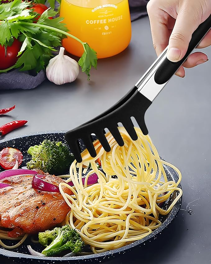 Spaghetti Spoon and Pasta Tong, Non-stick Silicone Spoon Server Fork with teeth and Stainless Steel Handle Spaghetti Tong, Food Clip for Spaghetti Noodle (BLACK)