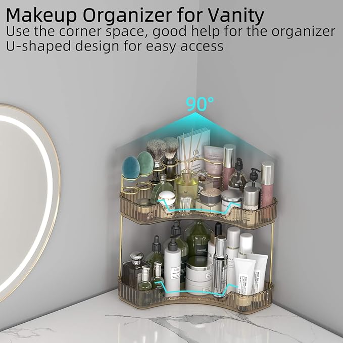 Corner Bathroom Counter Organizer with Top Toothbrush Holders, 2-Tier Make Up Organizers for Vanity with Brush Holder, Corner Storage for Bathroom, Kitchen, Dresser-BrightBean Baby