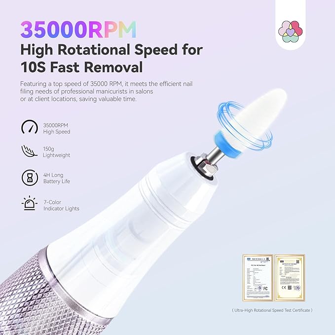 SAVILAND Advanced Cordless Electric Nail Drill: 10S Fast Removal 35000 RPM High Speed Nail File Kit for Acrylic Nail Tool Professional Rainbow Light LED Display Pro Manicure Kit Salon Travel Nail Tech-BrightBean Baby