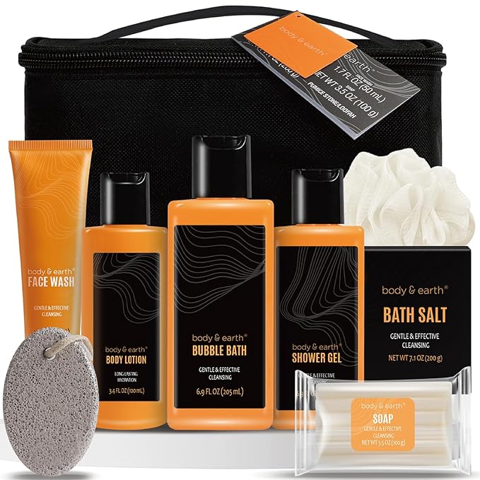 Body & Earth Gift Baskets for Men Bath Set Citrus Scented Bath and Body Gift Set with Body Lotion, Face Wash, Shower Gel, Bubble Bath, Loofah, Birthday Fathers Day Gifts-BrightBean Baby