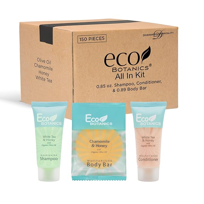 Eco Botanics Hotel Soaps and Toiletries Bulk Set | 1-Shoppe All-In-Kit Amenities for Hotels & Airbnb | 0.85 oz Hotel Shampoo & Conditioner, 0.89 oz Bar Soap Travel Size | 150 Pieces-BrightBean Baby