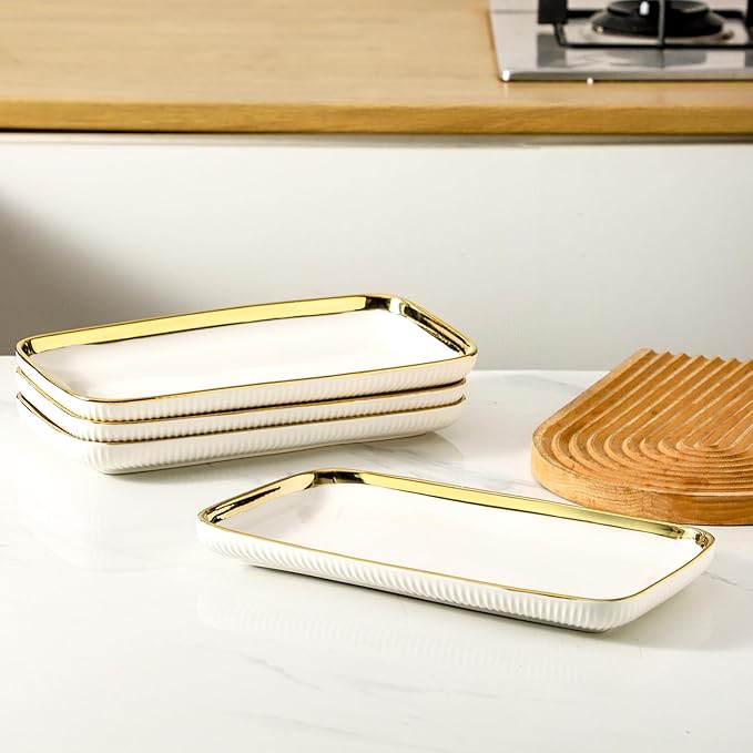 LETAOTAO Serving Platters, Ceramic Serving Platters Set of 4, 12 Inch Rectangular Serving Trays Dishes for Party Entertaining, White Dinner Plates with Gold Trim for Sushi Desserts Appetizers Salad