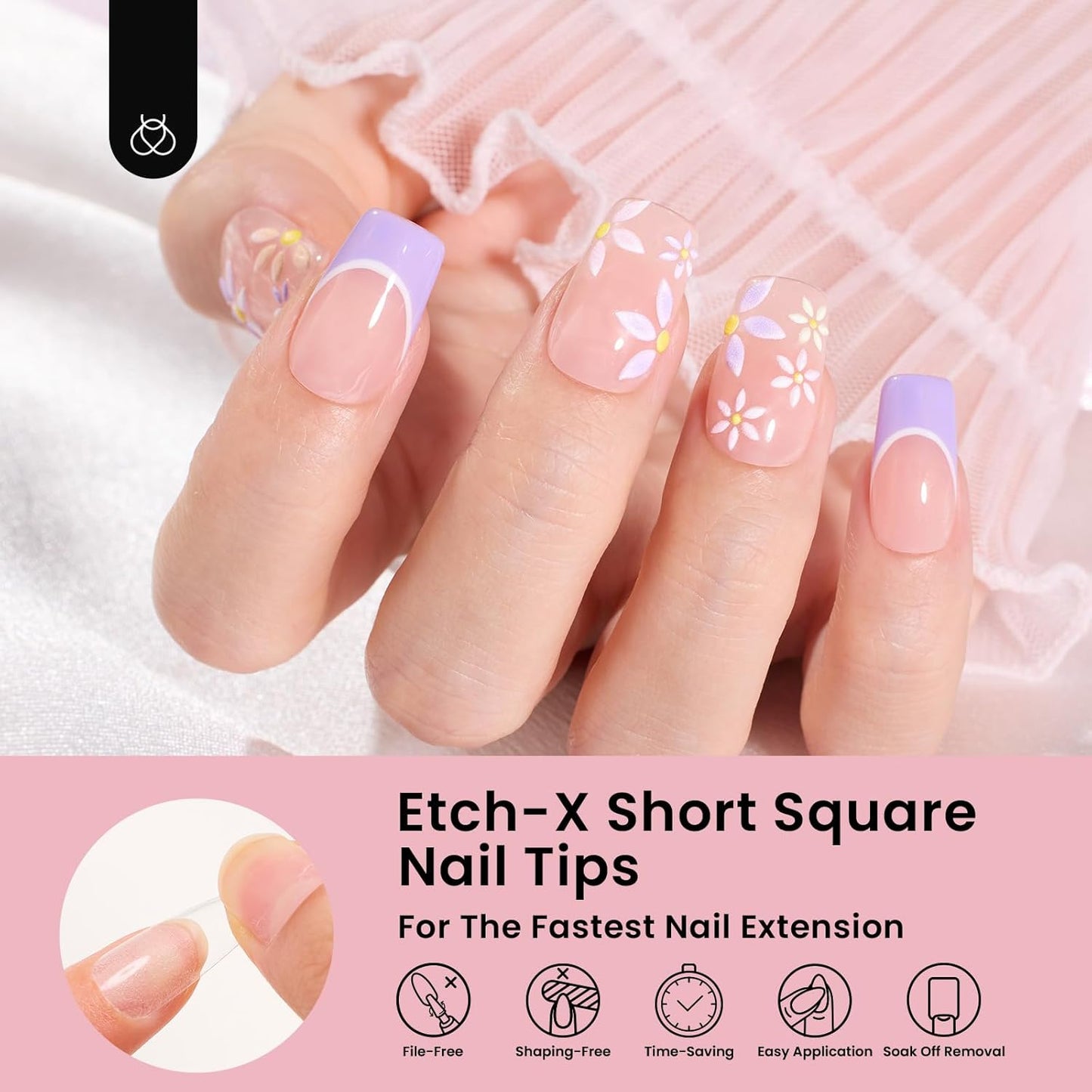 Beetles Gel Nail Tips Etch-X, Square Short, 576Pcs 12 Sizes, Pre-Shaped Half Matte Full Cover Soft Acrylic Fall False Nail Tips Easy DIY Press On Nail Extension Manicure Salon Gift for Women-BrightBean Baby