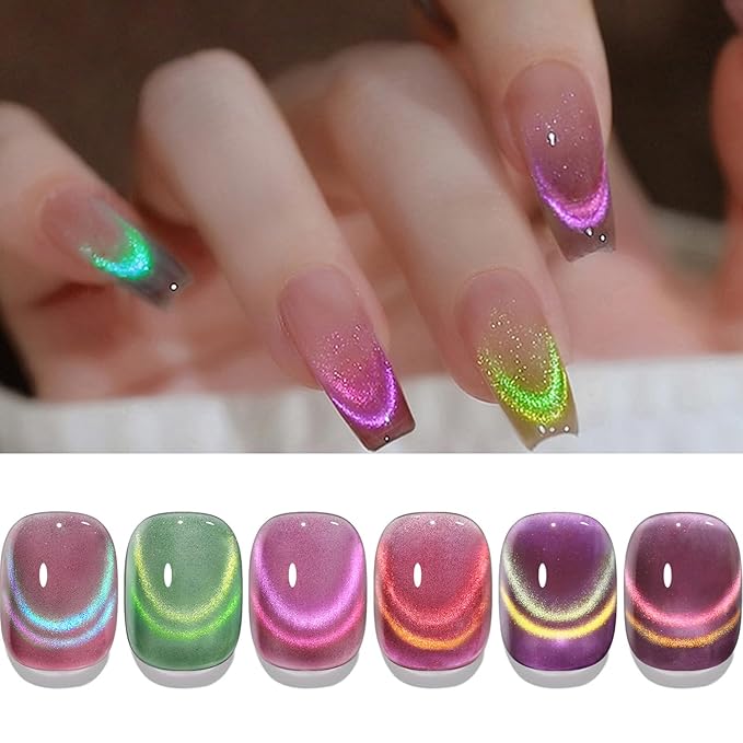 Born Pretty Cat Magnetic Eye Gel Nail Polish Rainbow Aurora Cat Magnetic Gel Polish Pink Green Blue Yellow Glitter Holographic Cat Magnetic Eye Gel Manicure Nail Art DIY, Firefly Aurora Series 6PCS-BrightBean Baby