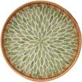 Round Rattan Tray with Mother of Pearl Inlay, Rattan Serving Tray with Wooden Base, Decorative Wicker Basket for Table Decor, Storage and Display of Coffee Bread Food Fruit (Leaf 13.5")