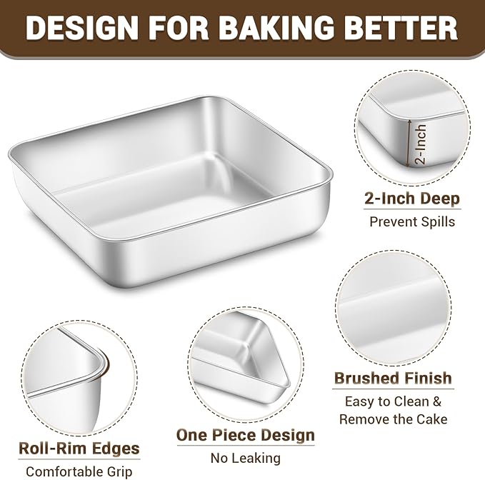 6,8,9 Inch Square Cake Pan Set of 3 - Non-Toxic Stainless Steel Brownie Pan, Heavy Duty & Dishwasher Safe, One Piece Design, Ideal Square Baking Pan for All Cakes & Multiple Purpose