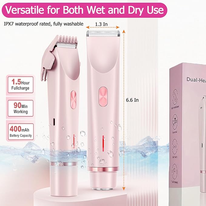 Bikini Trimmer for Women, Waterproof Bikini Shaver with Dual Head Design, Cordless Rechargeable Shaver for Women Private Area, Gentle Wet & Dry Hair Removal for Bikini Line & Underarms-BrightBean Baby