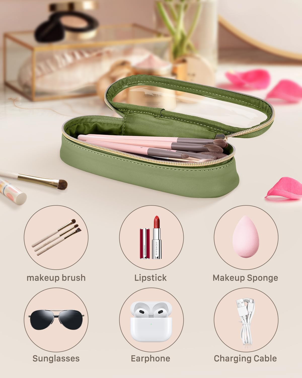 Clear Travel Makeup Brush Holder, Leather Makeup Brush Toiletry Bag, Portable Cosmetic Brush Case, Transparent Waterproof Makeup Brush Storage Bag, Green-BrightBean Baby