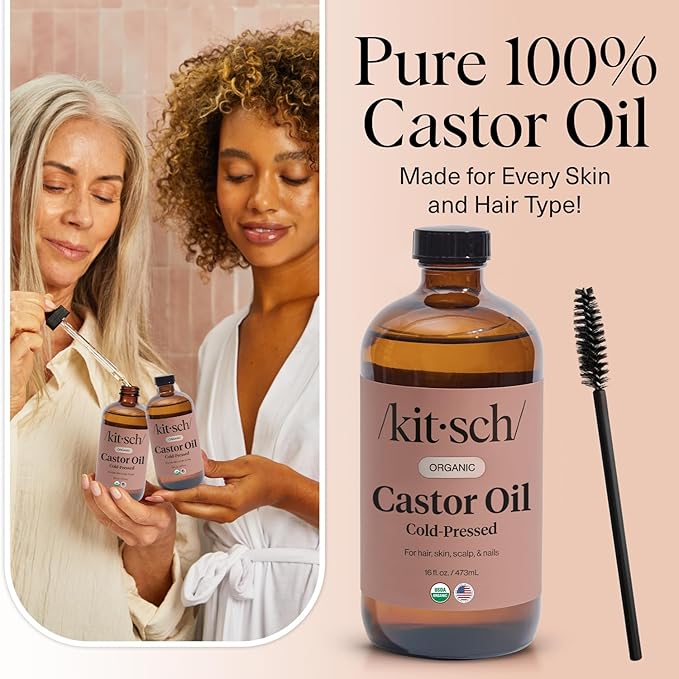 Kitsch Organic Castor Oil for Hair Growth - 100% Pure Castor Oil, Organic Cold Pressed Unrefined Glass Bottle for Face, Skin, Lashes, Brows, Scalp, Nails & Belly Button - Hexane Free, USDA - 16 oz-BrightBean Baby