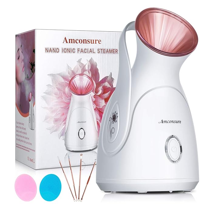 Facial Steamer, Amconsure Nano Ionic Face Steamer for Home, 100ML Warm Mist Humidifier for Women Moisturizing, Unclogs Pores-Bonus Stainless Steel Skin Kit and 2 Face Scrubbers-BrightBean Baby