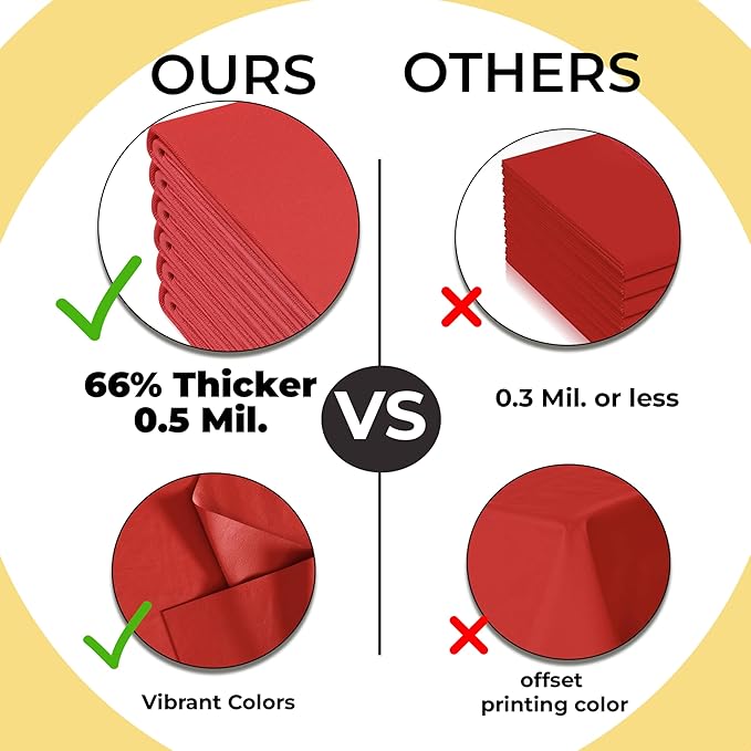 Party Solids 66% Thicker Premium Plastic Table Cloth Rectangle Table Cover 0.5 Mil 6 Pack Red Table Cloth 54 Inch x 108 Inch Disposable Tablecloth Won't Tear Easily Like Cheap Thin Brands