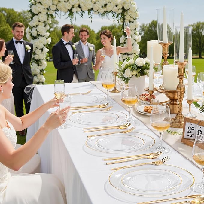 bUCLA 200PCS Clear and Gold Plastic Plates - Clear Disposable Plates with Gold Rim, Includes 100 PCS 10 inch Dinner Plates and 100 PCS 7 inch Dessert Plates for Party&Wedding