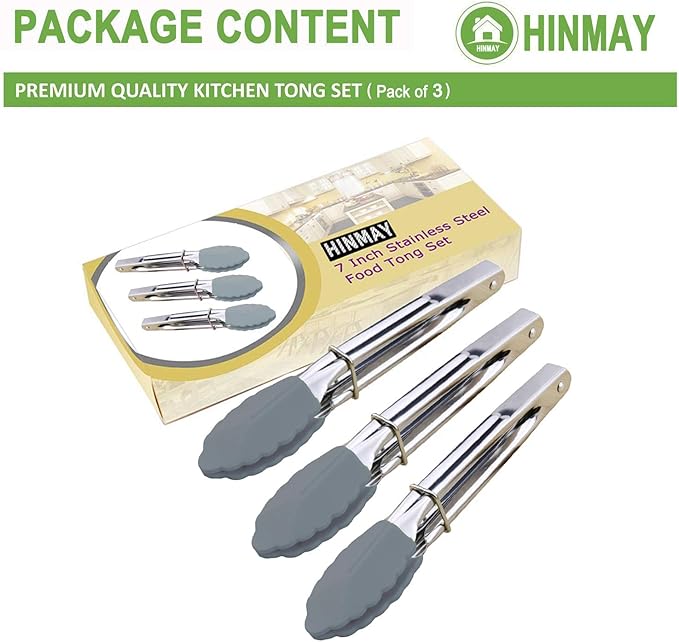 Silicone Utility Tong Kitchen Tongs 7 Inch Metal Salad Tongs, Set of 3 (Gray)