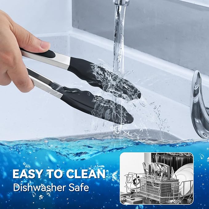 600℉ Heat Resistant Kitchen Tongs for Cooking with Silicone Tips,Maywe Tanso 9-Inch Stainless Steel Locking Cooking Tongs Food Tongs for BBQ,Cooking,Salad and Serving Food,Heavy Duty,Non-Stick(Black)