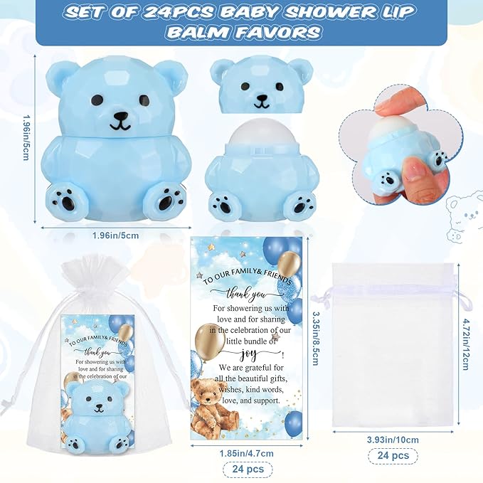 24 Sets Baby Shower Bear Lip Balm Favors Bear Lip Care Transparent Lipstick with Gift Bags and Thank You Cards for Baby Shower Gender Reveal Favors Decorations Gift Supplies-BrightBean Baby