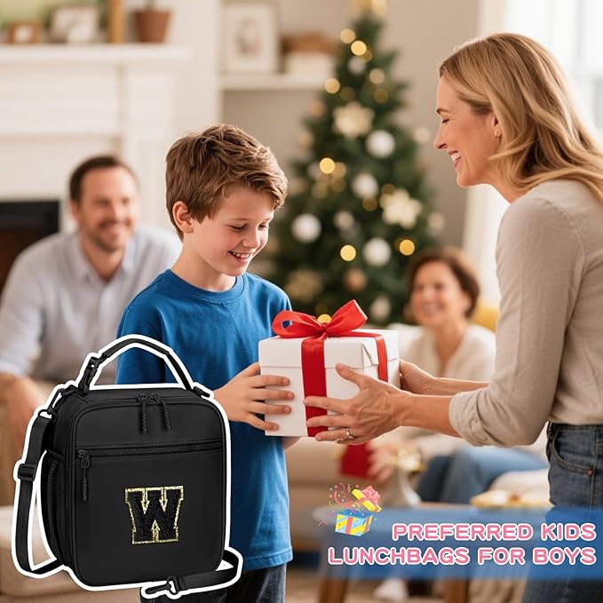 Initial Insulated Lunch Bag for Boys Kids, Back to School Gift, Reusable Leak-proof Lunch Box with Adjustable Strap for School Daycare Travel Picnic（Black，W）