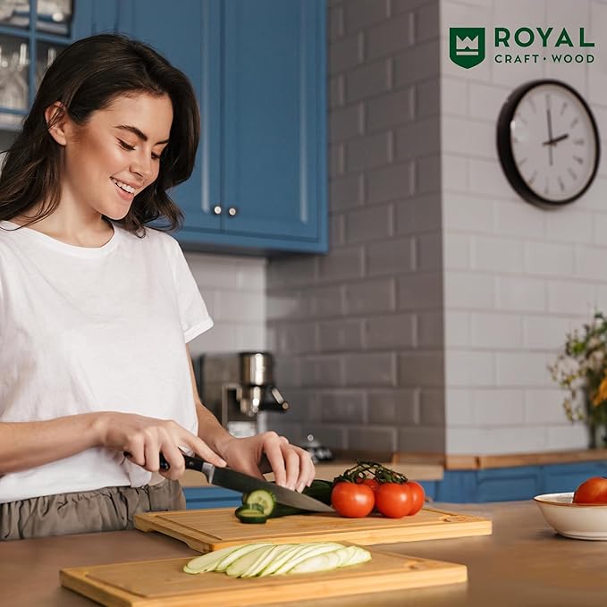 ROYAL CRAFT WOOD Wooden Cutting Boards for Kitchen Meal Prep & Serving - Bamboo Wood Serving Board Set with Deep Juice Groove Side Handles - Charcuterie & Chopping Butcher Block for Meat