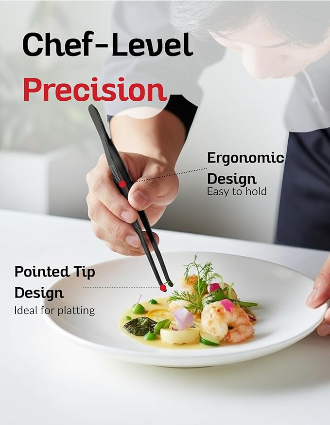 Tweezer Tongs Set of 2 – Boxiki Kitchen 430 Stainless Steel Cooking Tweezers, Long Chef Tweezers for Plating, Grilling, Baking, Pasta, Food Handling, Cake Decorating & Culinary Use