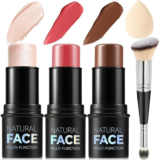 3Pcs Cream Contour Stick Makeup Kit, Shades with Highlighter Stick, Blush Stick and Bronzer Contour Stick for Sculpt the Cheeks, Long Lasting, Waterproof, Matte & Dewy Finish (LIGHT MEDIUM)-BrightBean Baby
