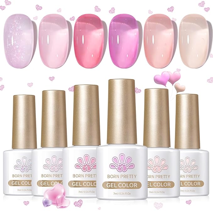 BORN PRETTY Jelly Gel Nail Polish Set,Sheer Nude Pink Natural Color Ice Transparent Tranlusent Gel Polish Kit for Salon Manicure and Nail Art DIY at Home 6PCS 7ml-BrightBean Baby