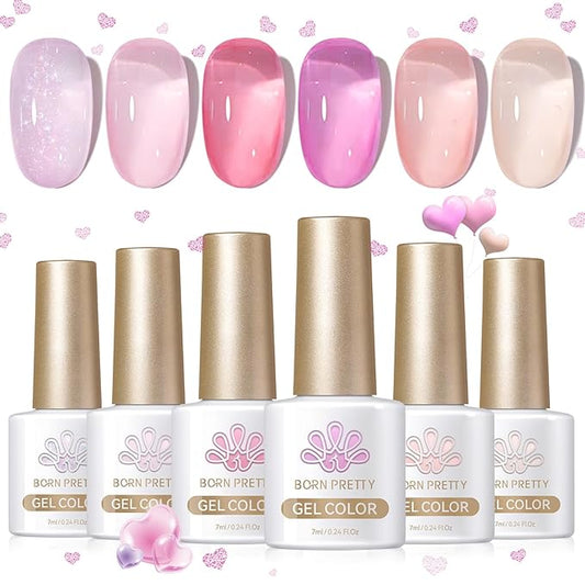 BORN PRETTY Jelly Gel Nail Polish Set,Sheer Nude Pink Natural Color Ice Transparent Tranlusent Gel Polish Kit for Salon Manicure and Nail Art DIY at Home 6PCS 7ml-BrightBean Baby