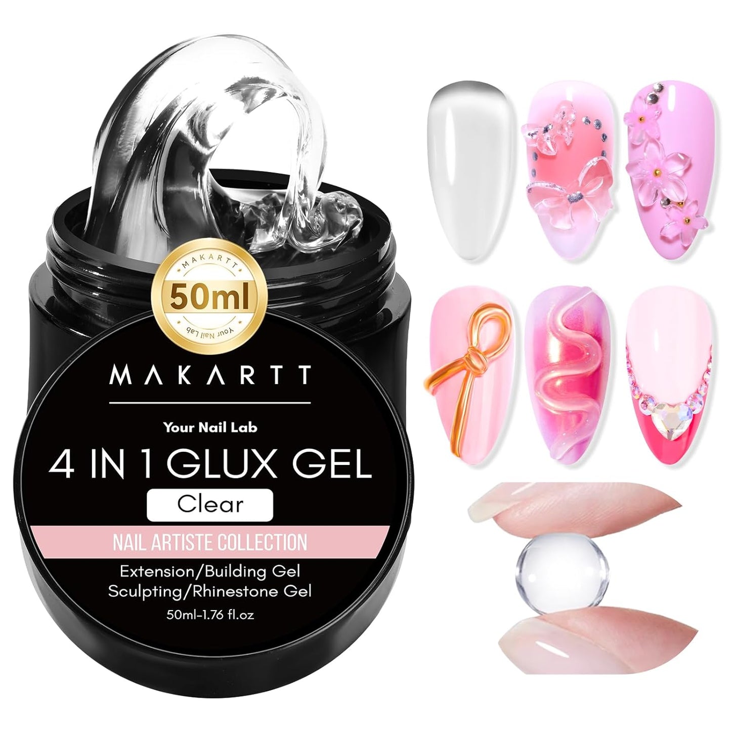 Makartt 3D Gel Nail Art: 50g 3D Nail Gel Clear Non-sticky 3d Sculpting Gels, 4-in-1 Solid Gels Builder for Extension, UV Glue for Acrylic Tips, Rhinestones & 3d Carving for Home Salon DIY-BrightBean Baby