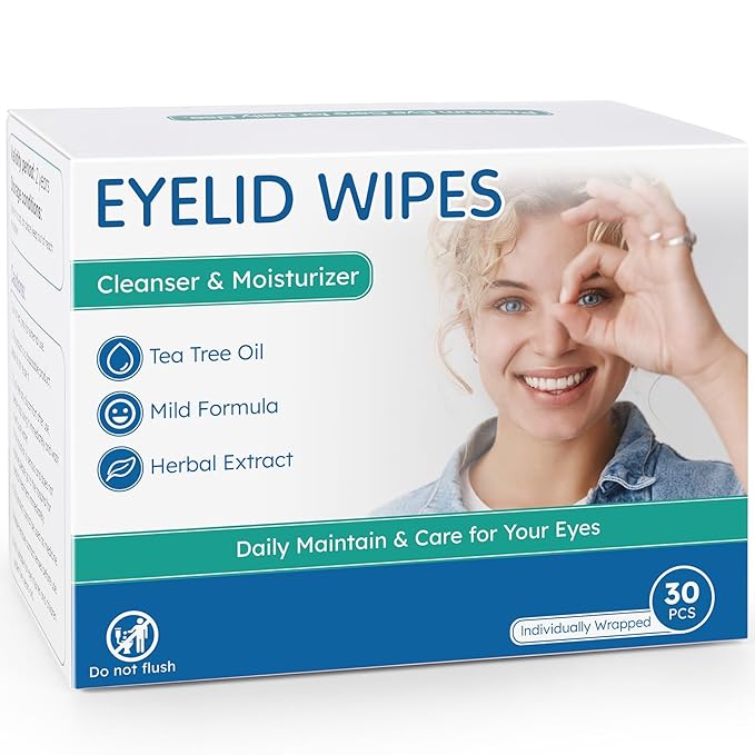 Eyelid Cleansing Wipes for Dry Eye & Blepharitis, Tea Tree Oil Hypoallergenic Eye Wipes for Sensitive Itchy Eyes, Individually Wrapped Eyelid WipesTravel Essentials (30 Count)-BrightBean Baby