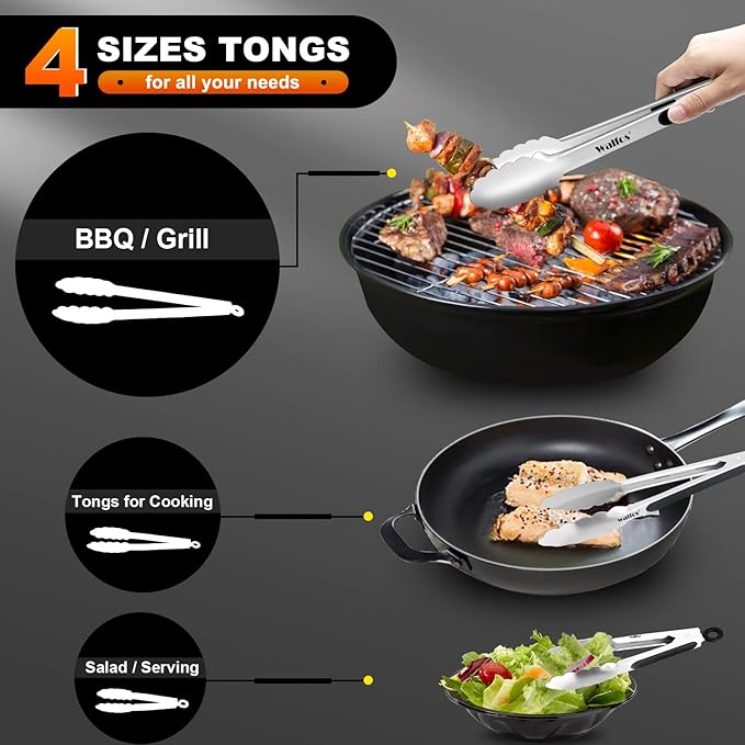Walfos Stainless Steel Kitchen Tongs for Cooking, BBQ - 7 ，9, 12 and 14 Inch,Set of 4 Heavy Duty Locking Metal Food Tongs Non-Slip Grip