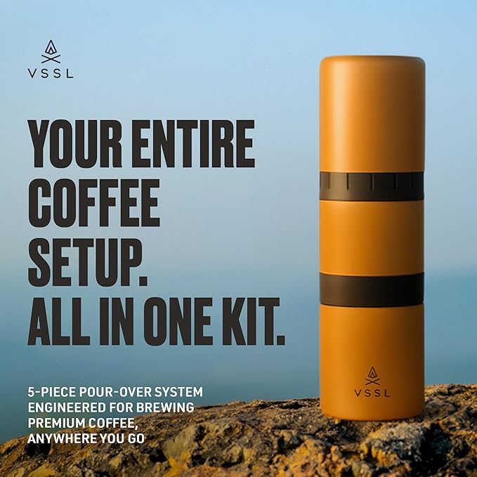 VSSL - Nest Pour Over Coffee Kit | Coffee Maker for Camping | All-In-One Travel Pour Over | Transportable Dripper, Two 10oz Stainless Steel Travel Mugs | Compact Storage & Adventure Ready | Sahara