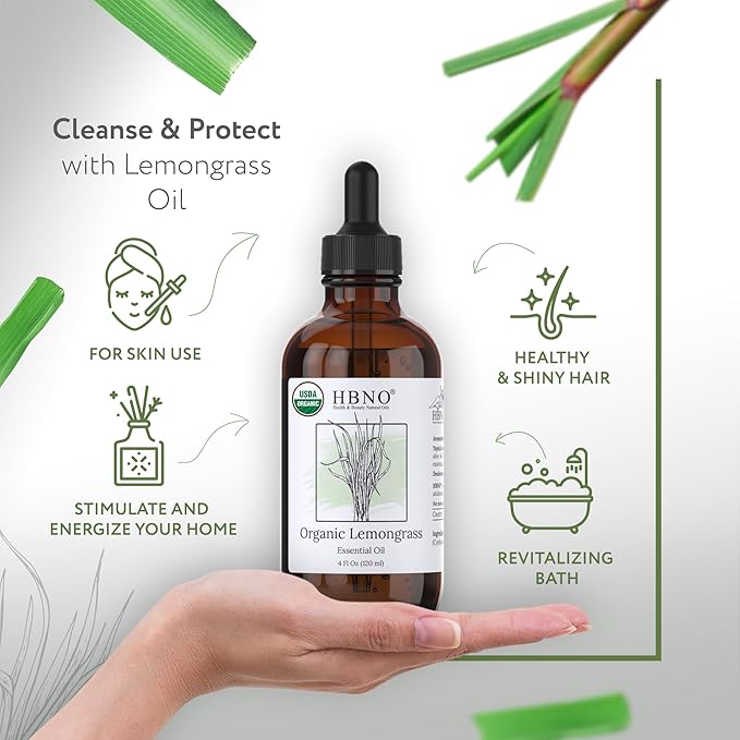 HBNO Organic Lemongrass Essential Oil - Huge 4 oz (120ml) Value Size - USDA Certified Organic Lemongrass Essential Oil, Perfect for Aromatherapy, Soap Making, DIY, Diffuser-BrightBean Baby