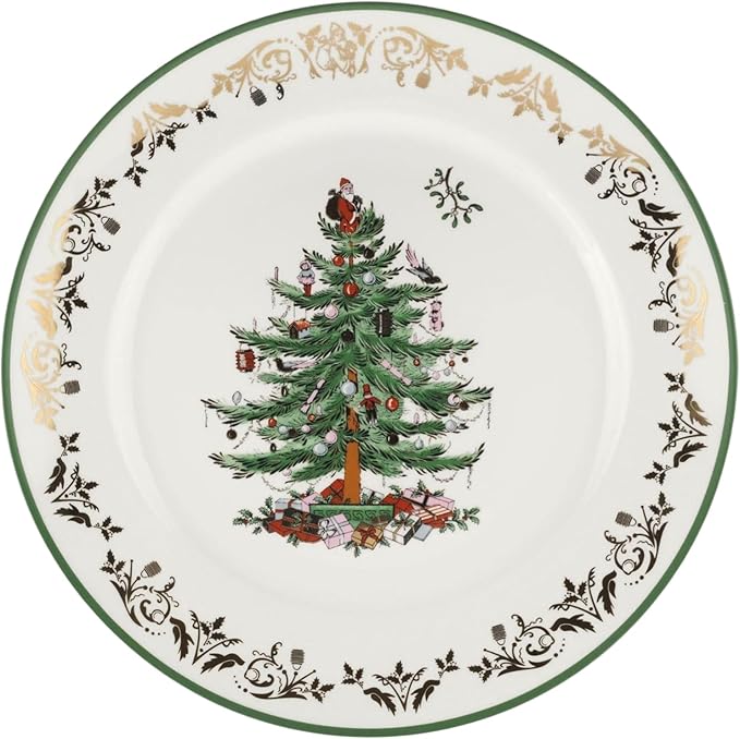 Spode Christmas Tree 12" Gold Round Serving Platter - Porcelain Serving Plate for Holiday Snacks, Appetizers, Buffet Displays - Microwave & Dishwasher Safe - Elegant Holiday Tableware