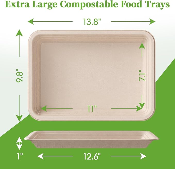 ECOLipak 50 Pack 14 Inch Disposable Food Crawfish Trays, Compostable Large Paper Plates, Disposable Thanksgiving Trays for Serving Food, Turkey, BBQ, Seafood Boil Party Supplies(Nature)